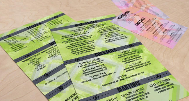 Bright green drink menu and light pink feature card