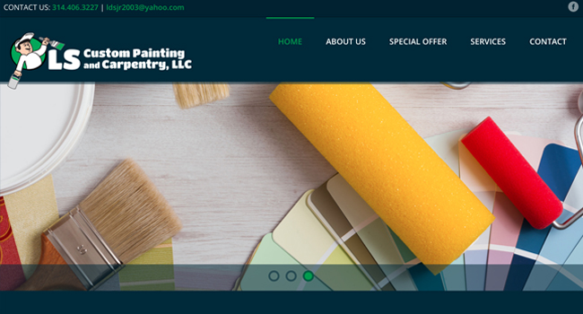 Home page image for lscustompaintingandcarpentry.com with painting rolls and cartoon painter.